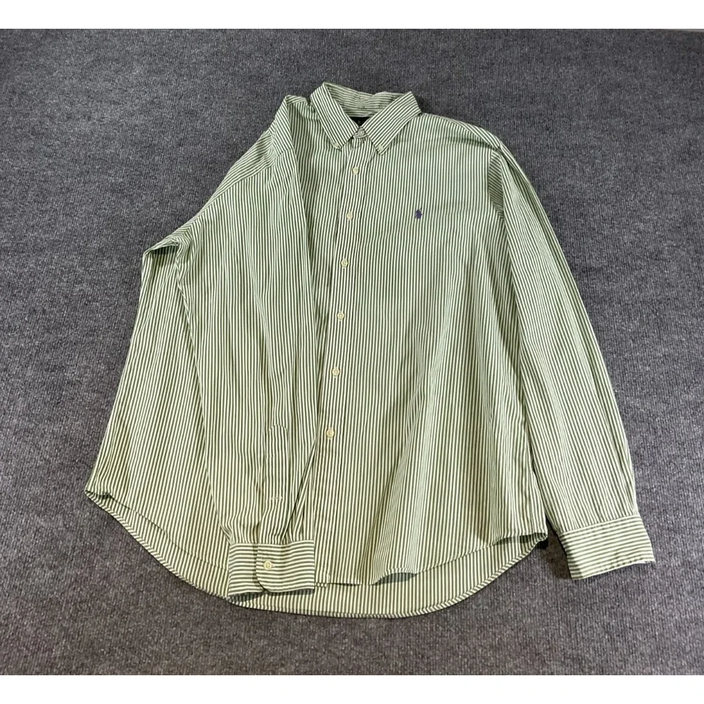 Polo Ralph Lauren XL Green White Striped Button Down Shirt Purple Pony Cotton